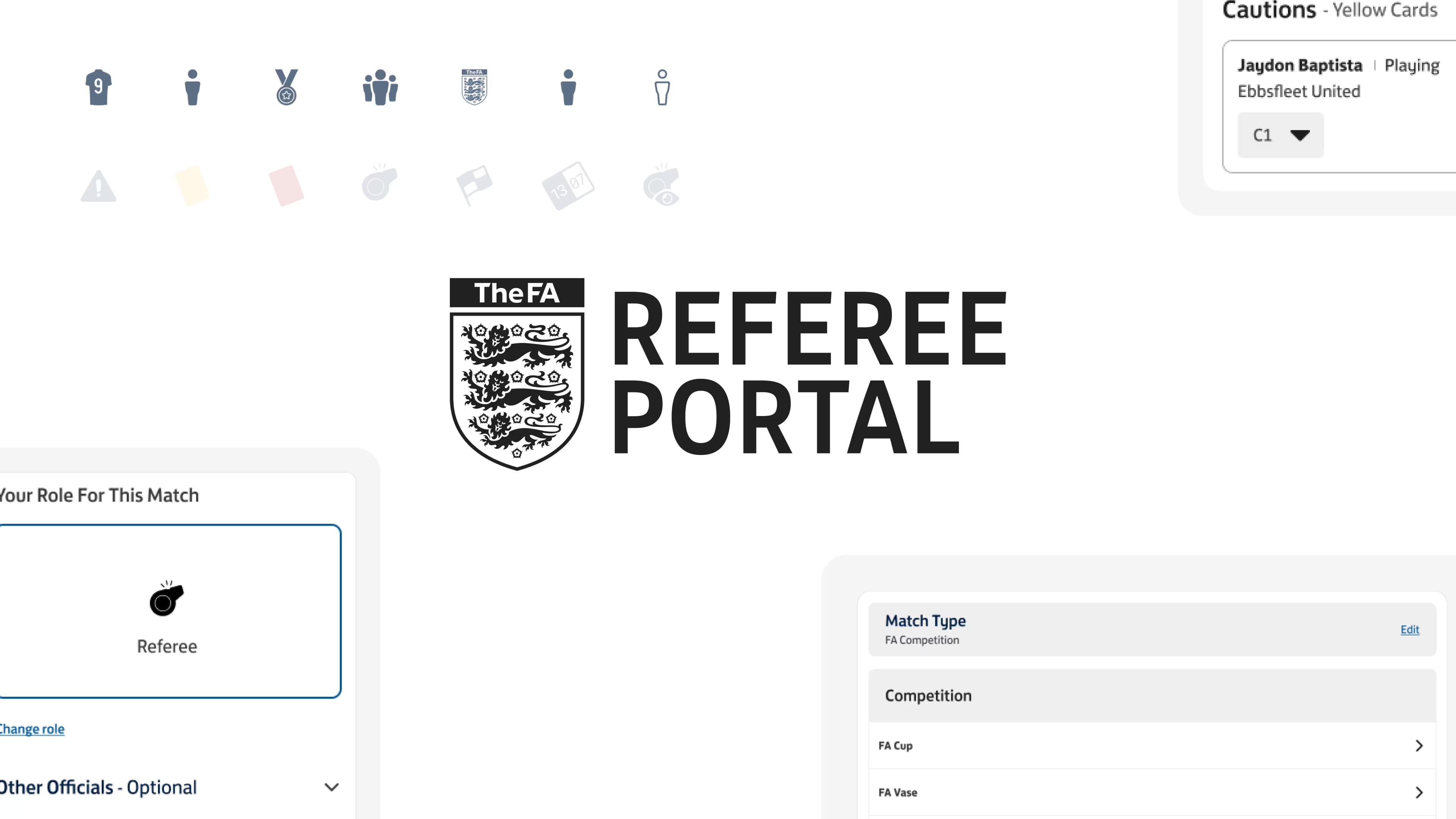 The FA Referee Portal — brand identity and UI composite showing the portal's visual language and core screens